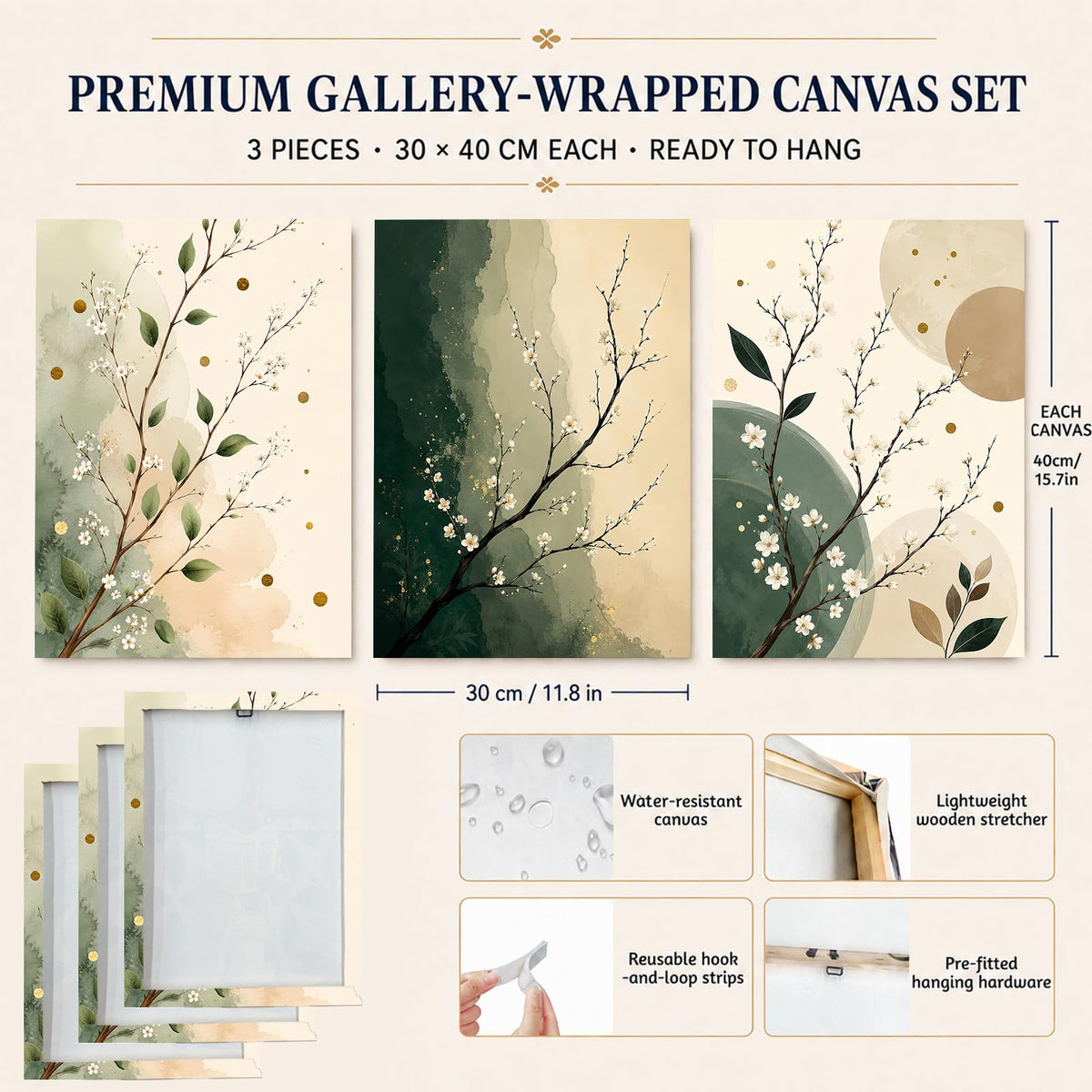 Soft Beige Floral Canvas Prints, Set of 3 Framed 12 x 16 Inch Wall Art