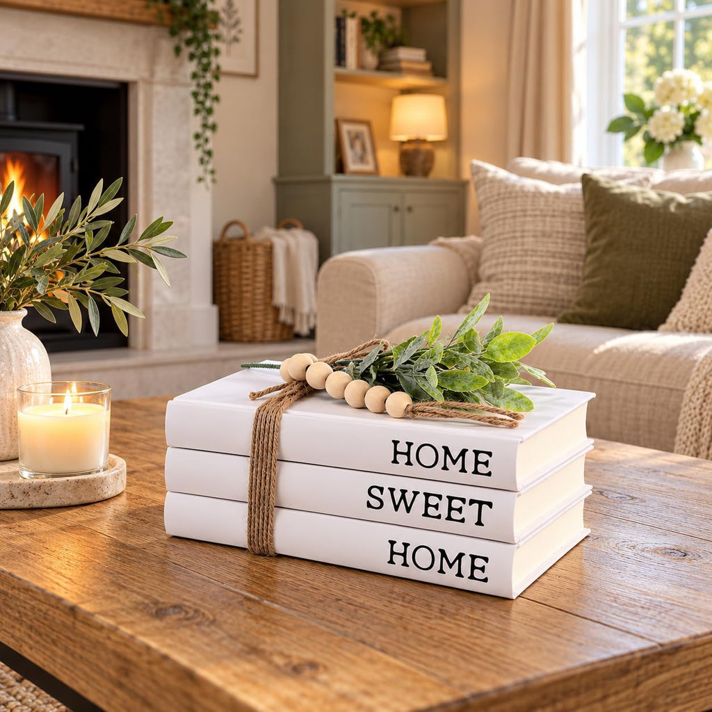 Decorative White Books, Hardcover Books Decorative, Set of 3 Stacked Book for Decorating Coffee Tables and Shelves (Home|Sweet|Home)