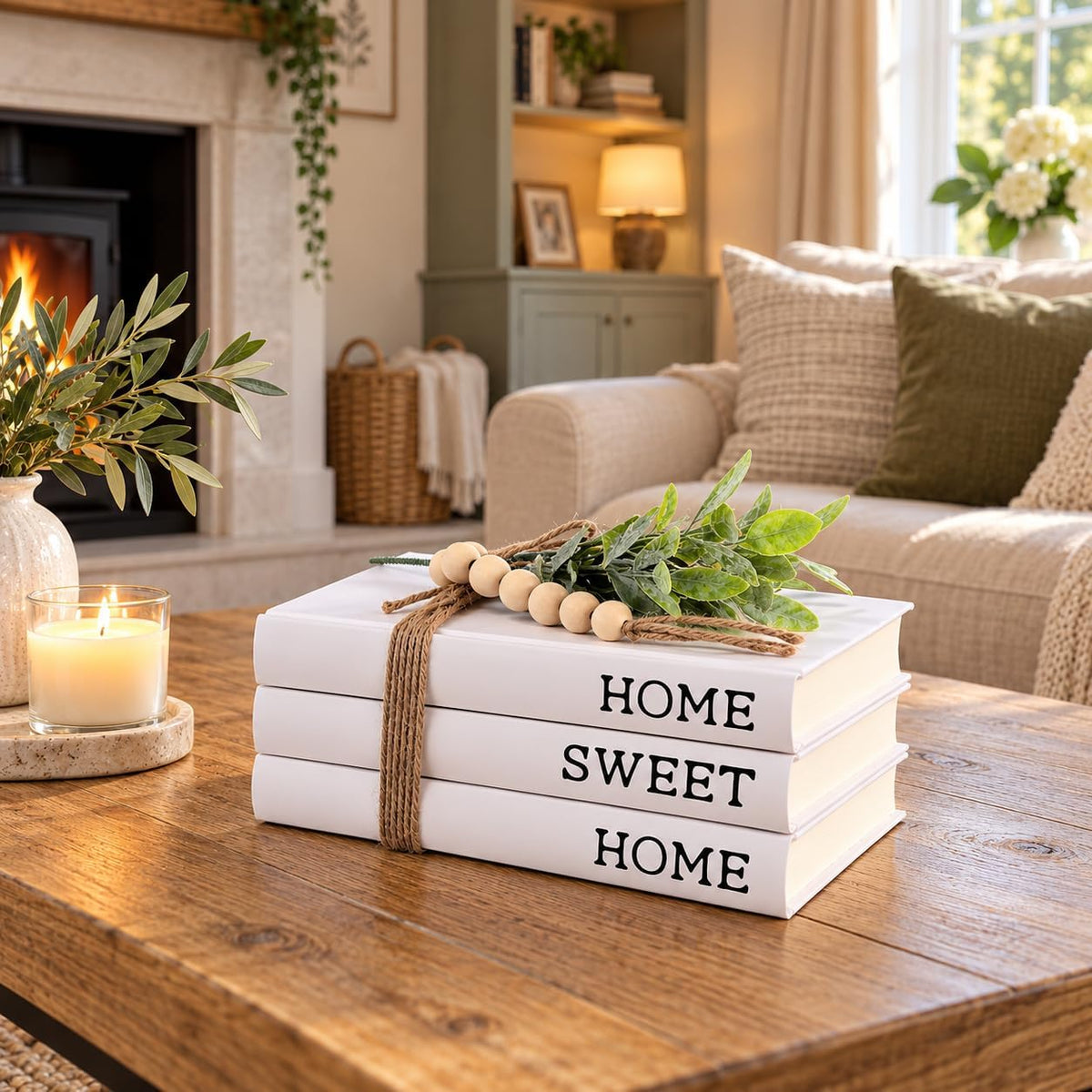 Decorative White Books, Hardcover Books Decorative, Set of 3 Stacked Book for Decorating Coffee Tables and Shelves (Home|Sweet|Home)