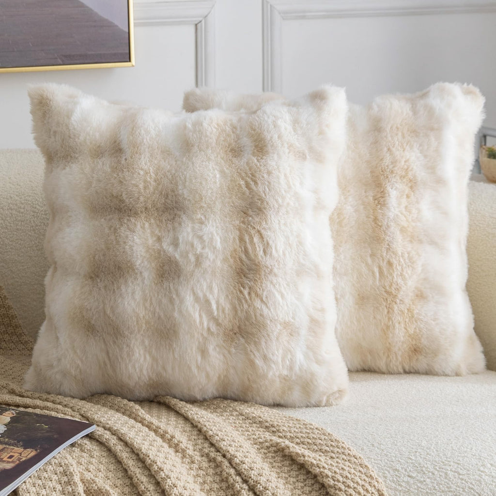 Madizz Pack of 2 Thick Plush Faux Wool Cushion Covers 45x45 cm Cream Soft Neutral Decorative Throw Pillow Covers Accent Boho Pillowcases for Couch Sofa Bedroom Pillow Shell