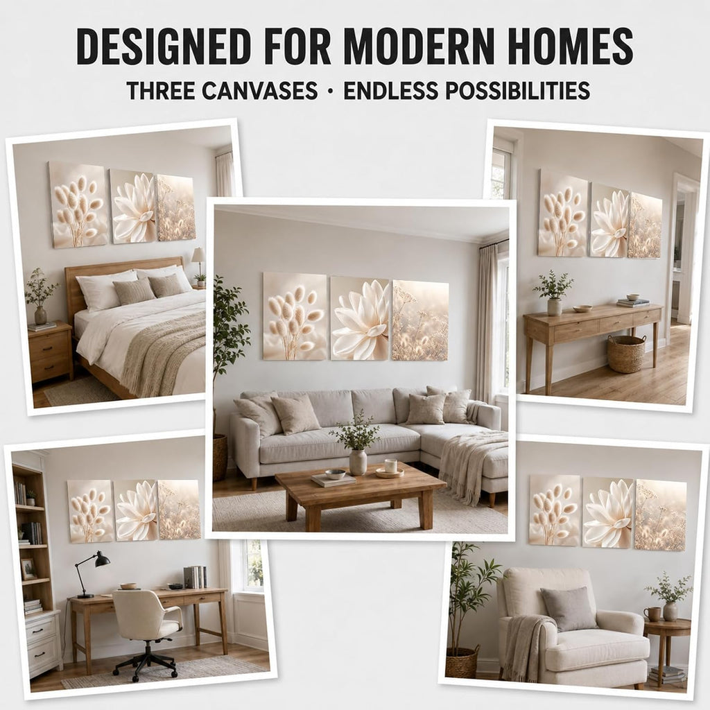 Soft Beige Floral Canvas Prints, Set of 3 Framed 12 x 16 Inch Wall Art