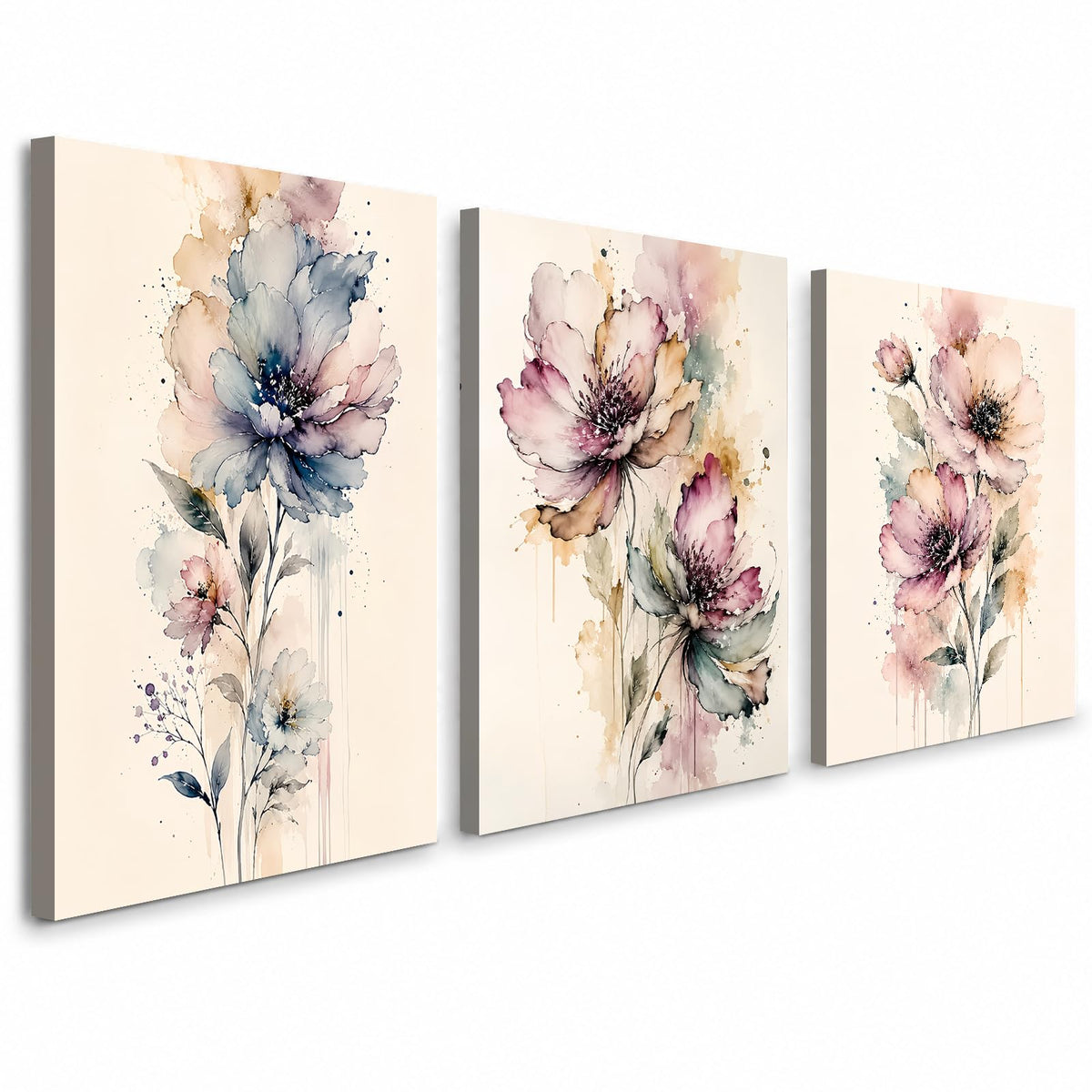 Soft Beige Floral Canvas Prints, Set of 3 Framed 12 x 16 Inch Wall Art