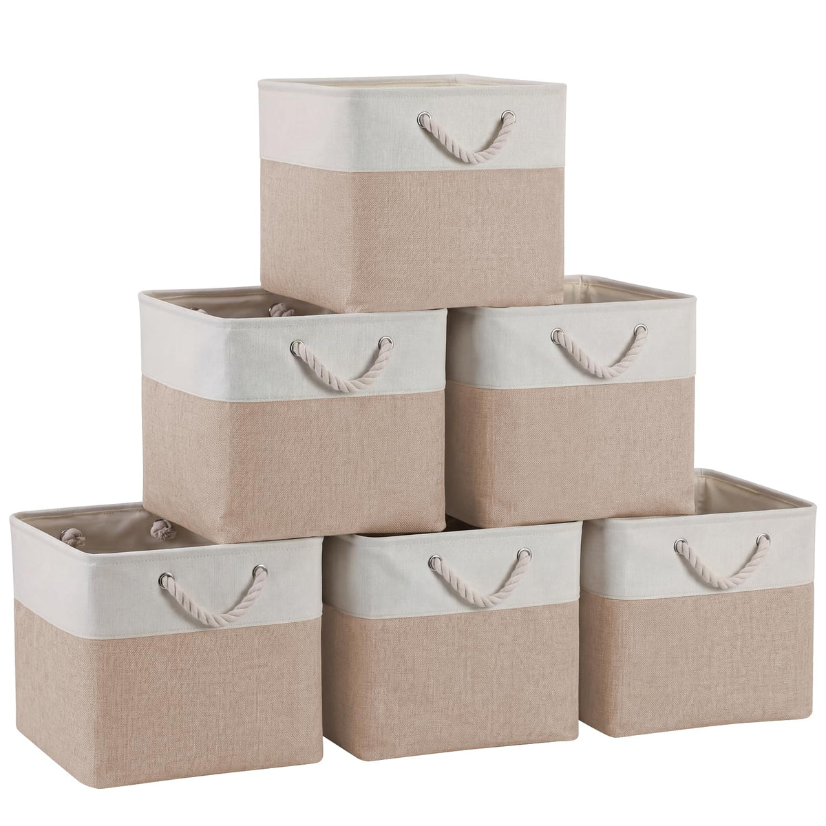 28 x 28 x 28 cm Cube Storage Boxes, 4 Pack Large Collapsible Fabric Storage Bin with Ropes, Foldable Storage Cubes for Home, Office,Closet, Clothes, Toys Organizer (White & Grey)