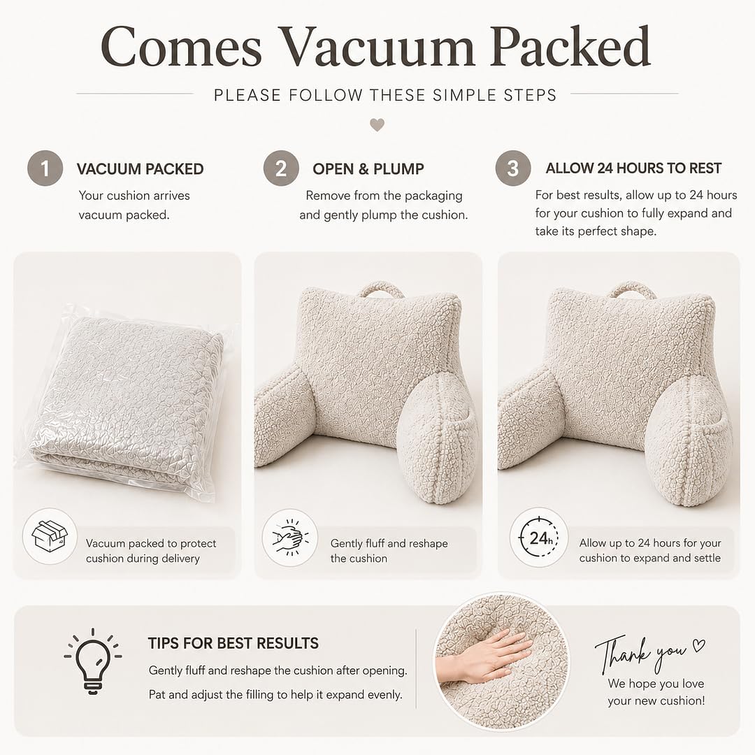 rejuvopedic Reading Cuddle Cushion – Natural, Super Soft Teddy Fleece Comfort Cushion with Pocket & Carry Handle