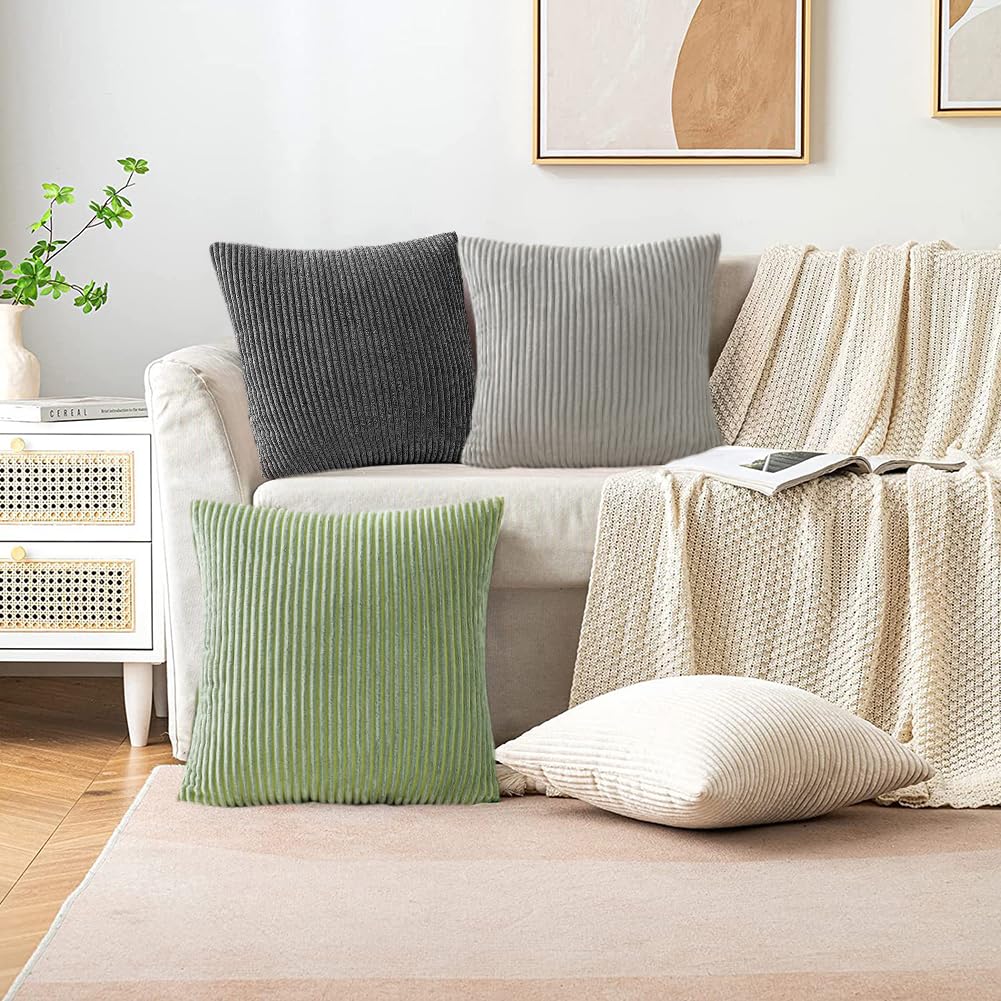 Set of 2 Corduroy Cushion Covers 40cm x 40cm,Soft Striped Square Pillow Case,Cushion Case with Invisible Zipper,Home Boho Decor Pillow Cases for Couch Sofa Bedroom,Living Room-Sage Green