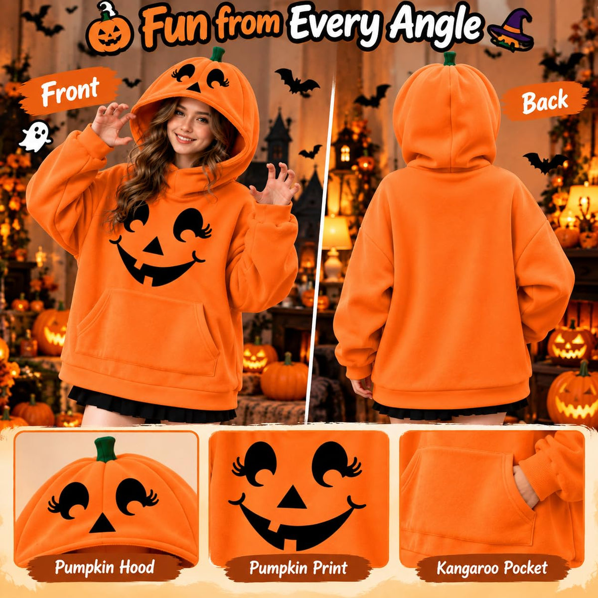 Halloween Jumper Women's Halloween Pumpkin Hoodie Long Sleeve Oversized Sweatshirt Relaxed Oversized, Comfortable, Funny, Novelty, Halloween Parties, Costume Events, Trick or Treating, Gatherings