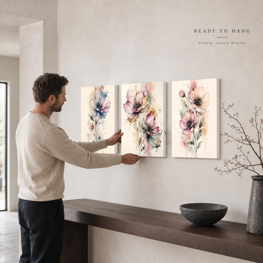 Soft Beige Floral Canvas Prints, Set of 3 Framed 12 x 16 Inch Wall Art