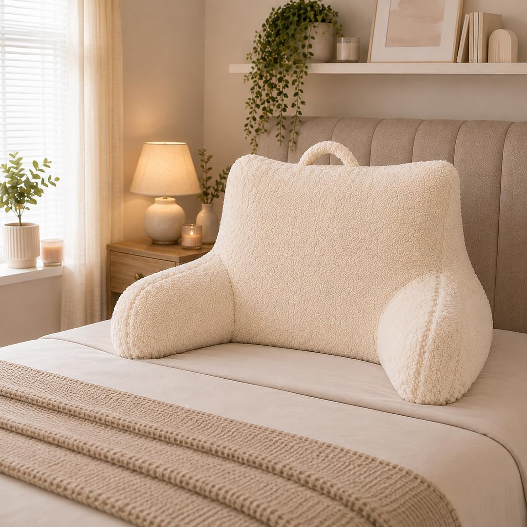 rejuvopedic Reading Cuddle Cushion – Natural, Super Soft Teddy Fleece Comfort Cushion with Pocket & Carry Handle