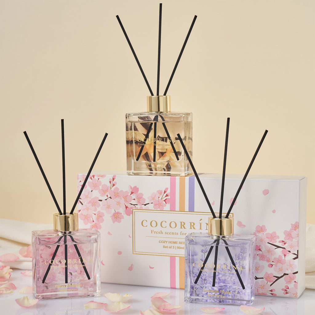 COCORRÍNA Reed Diffuser - 3 Pack/ 90ml with 24 Sticks Reed Diffuser for for House Bedroom Office Decor & Gifts Set (Cashmere Vanilla/Sandalwood Rose/Clean Linen)