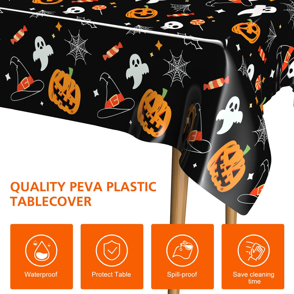 PLULON Halloween Tablecloth 137x 274cm Pumpkin Bat Skeleton Skull Plastic Table Cloth Happy Halloween Table Cover for Holiday Dinner Table Decorations Halloween Party Supplies