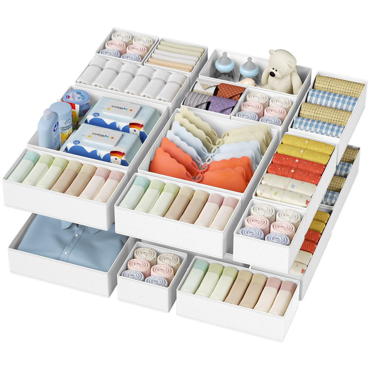 DIMJ 12 Pack Drawer Organisers Foldable Storage Box Fabric Drawer Dividers Wardrobe Storage Organiser Storage Cubes for Bras, Socks, Underwear, Ties, Scarves, Cosmetics