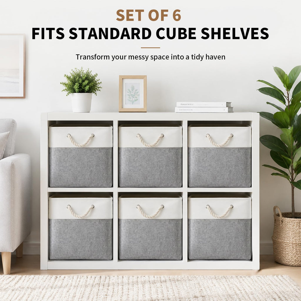 28 x 28 x 28 cm Cube Storage Boxes, 4 Pack Large Collapsible Fabric Storage Bin with Ropes, Foldable Storage Cubes for Home, Office,Closet, Clothes, Toys Organizer (White & Grey)