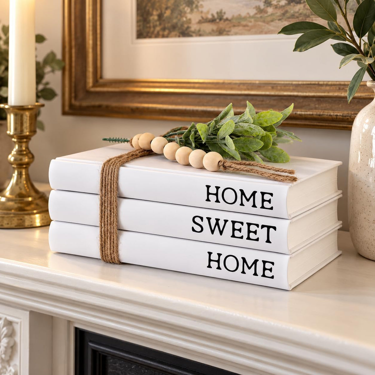 Decorative White Books, Hardcover Books Decorative, Set of 3 Stacked Book for Decorating Coffee Tables and Shelves (Home|Sweet|Home)