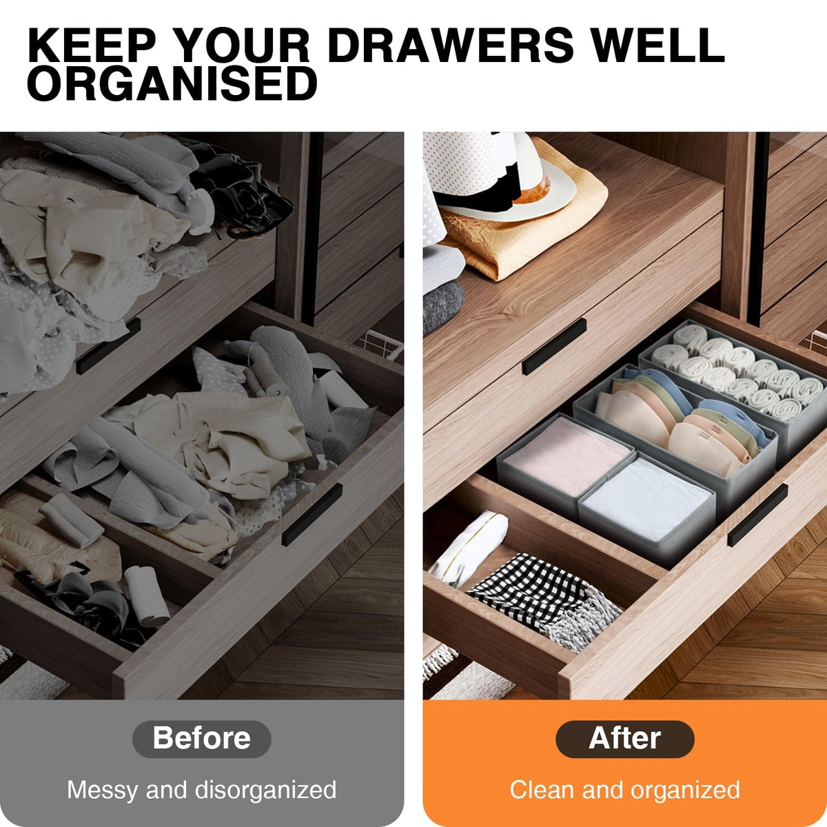 DIMJ 12 Pack Drawer Organisers Foldable Storage Box Fabric Drawer Dividers Wardrobe Storage Organiser Storage Cubes for Bras, Socks, Underwear, Ties, Scarves, Cosmetics