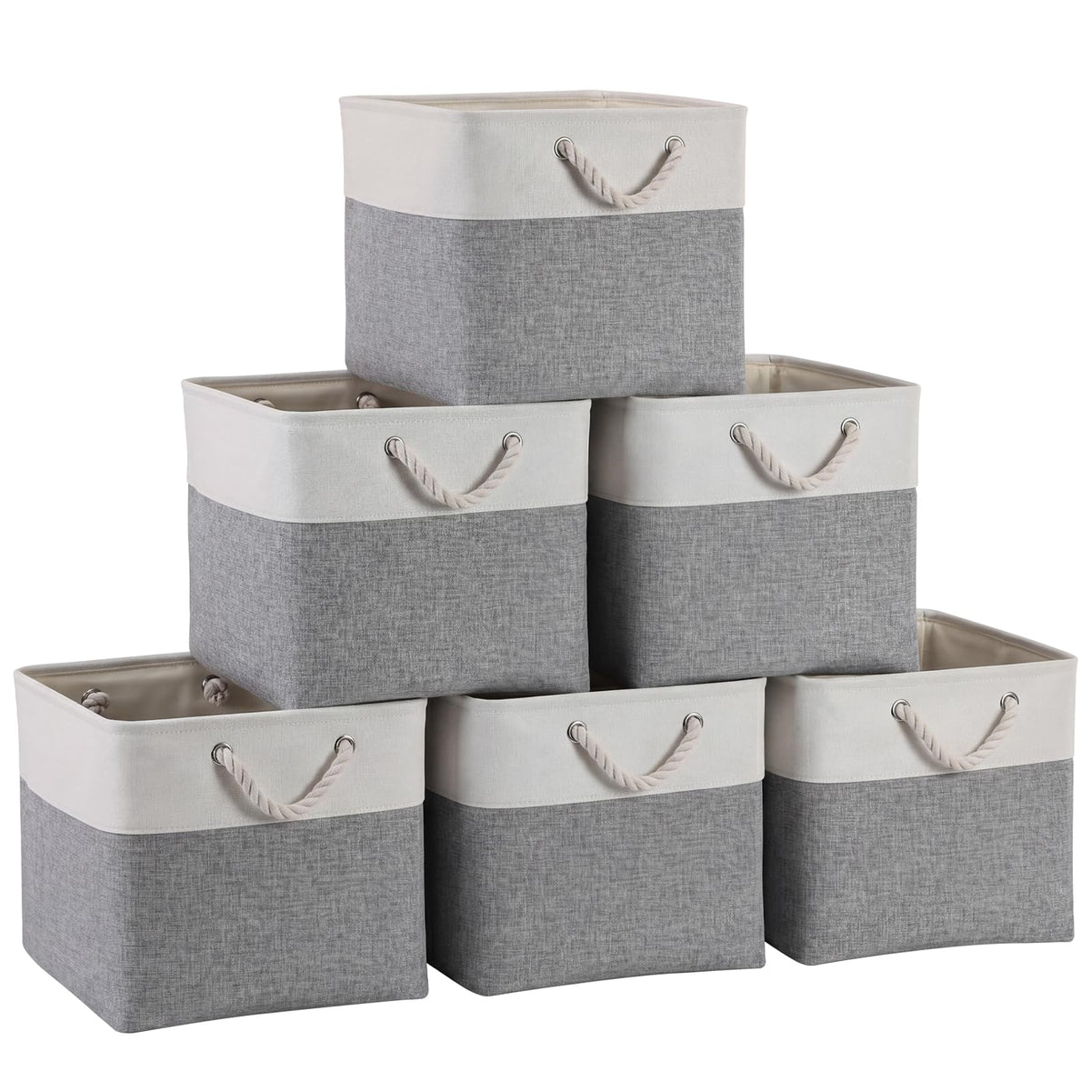 28 x 28 x 28 cm Cube Storage Boxes, 4 Pack Large Collapsible Fabric Storage Bin with Ropes, Foldable Storage Cubes for Home, Office,Closet, Clothes, Toys Organizer (White & Grey)