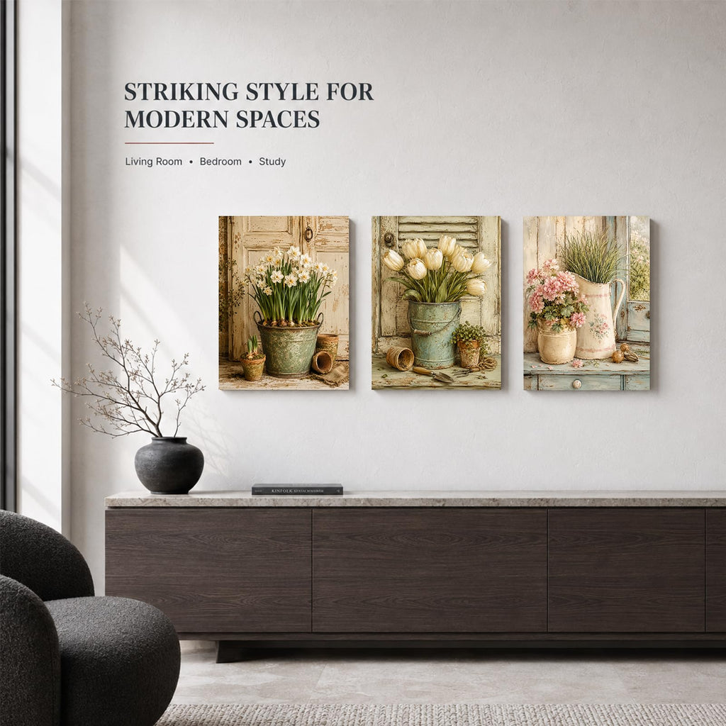 Soft Beige Floral Canvas Prints, Set of 3 Framed 12 x 16 Inch Wall Art