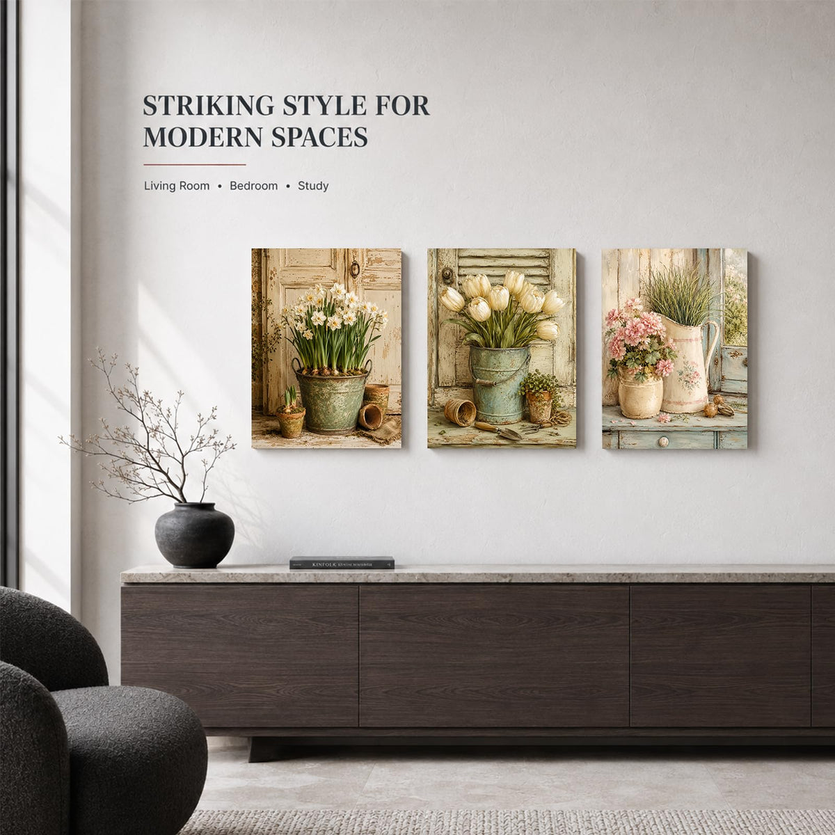 Soft Beige Floral Canvas Prints, Set of 3 Framed 12 x 16 Inch Wall Art