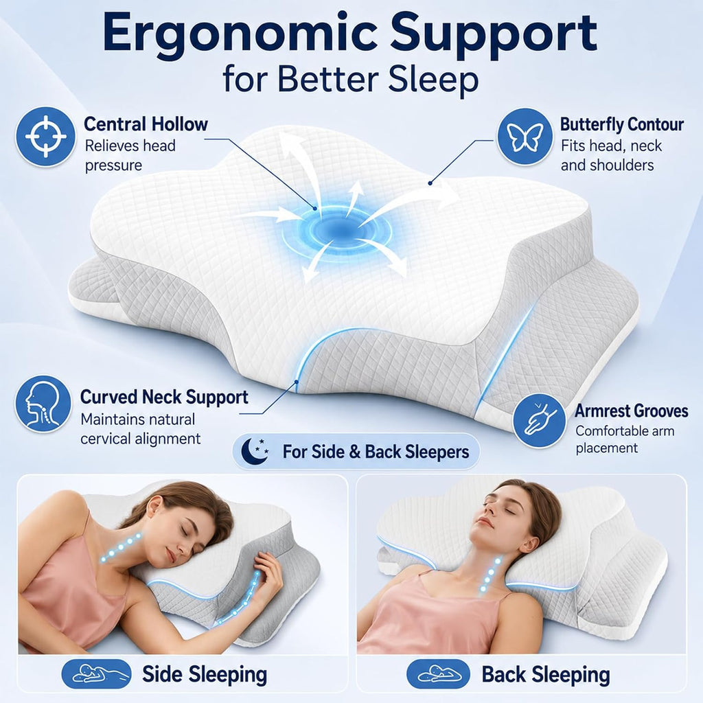 Hydomi Orthopaedic Cervical Pillow for Neck and Shoulder Pain Relief, Memory Foam Neck Support Pillow for Side, Back &Stomach Sleepers, Ergonomic Contour Bed Pillow with Armrest Design, Washable Cover