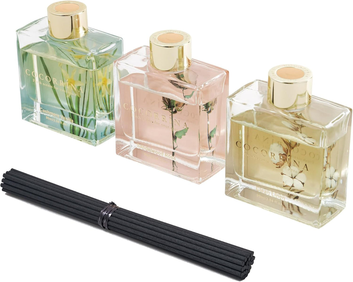 COCORRÍNA Reed Diffuser - 3 Pack/ 90ml with 24 Sticks Reed Diffuser for for House Bedroom Office Decor & Gifts Set (Cashmere Vanilla/Sandalwood Rose/Clean Linen)