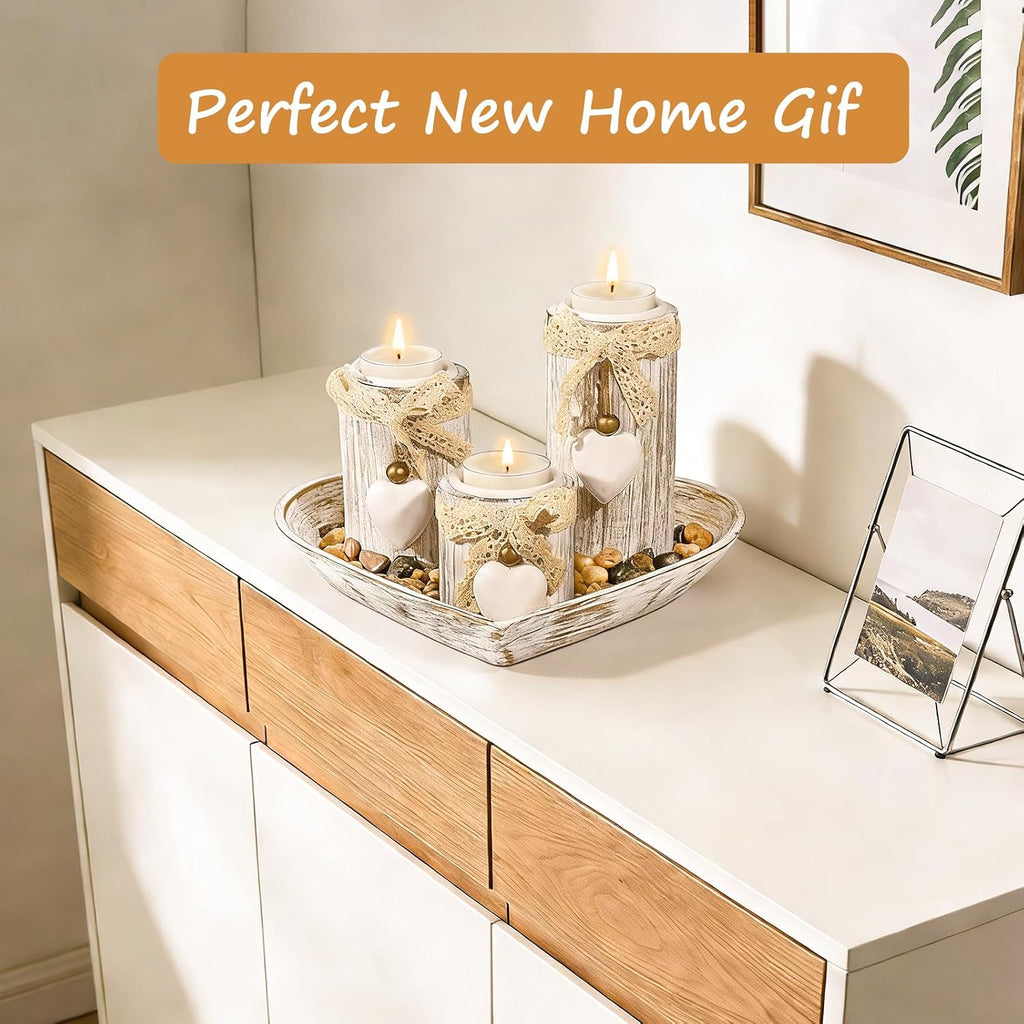 GoMaihe Candle Holder Set of 4 with Wodden Tray, Tealight Holders Candlestick Holder, Table Centerpiece Home Decor Living Room Bedroom Decoration Mum Gift Birthday Wedding Christmas Party Ornaments