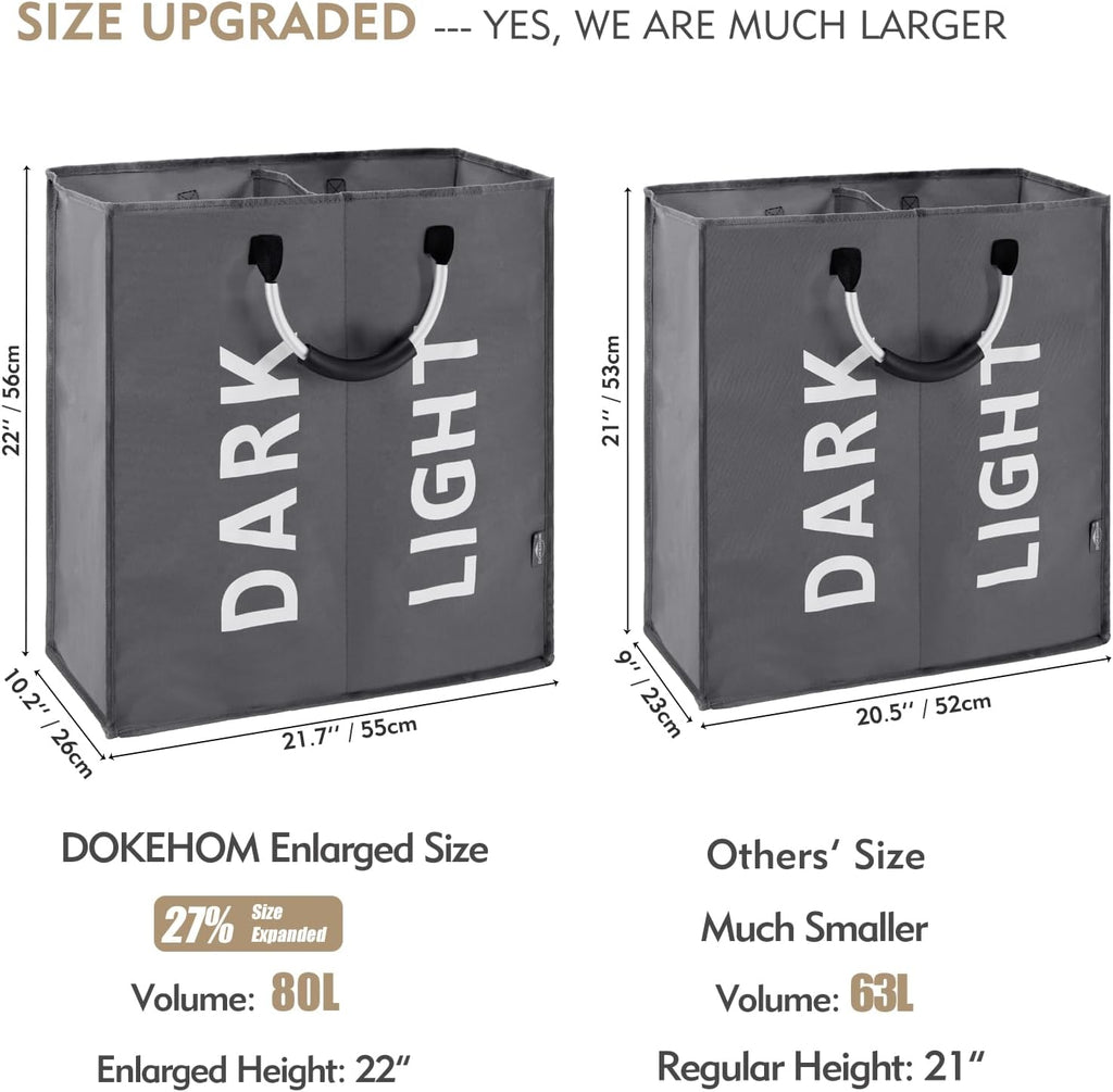 DOKEHOM 80L Collapsible Laundry Basket Bag with 2 Sections, Dark Grey