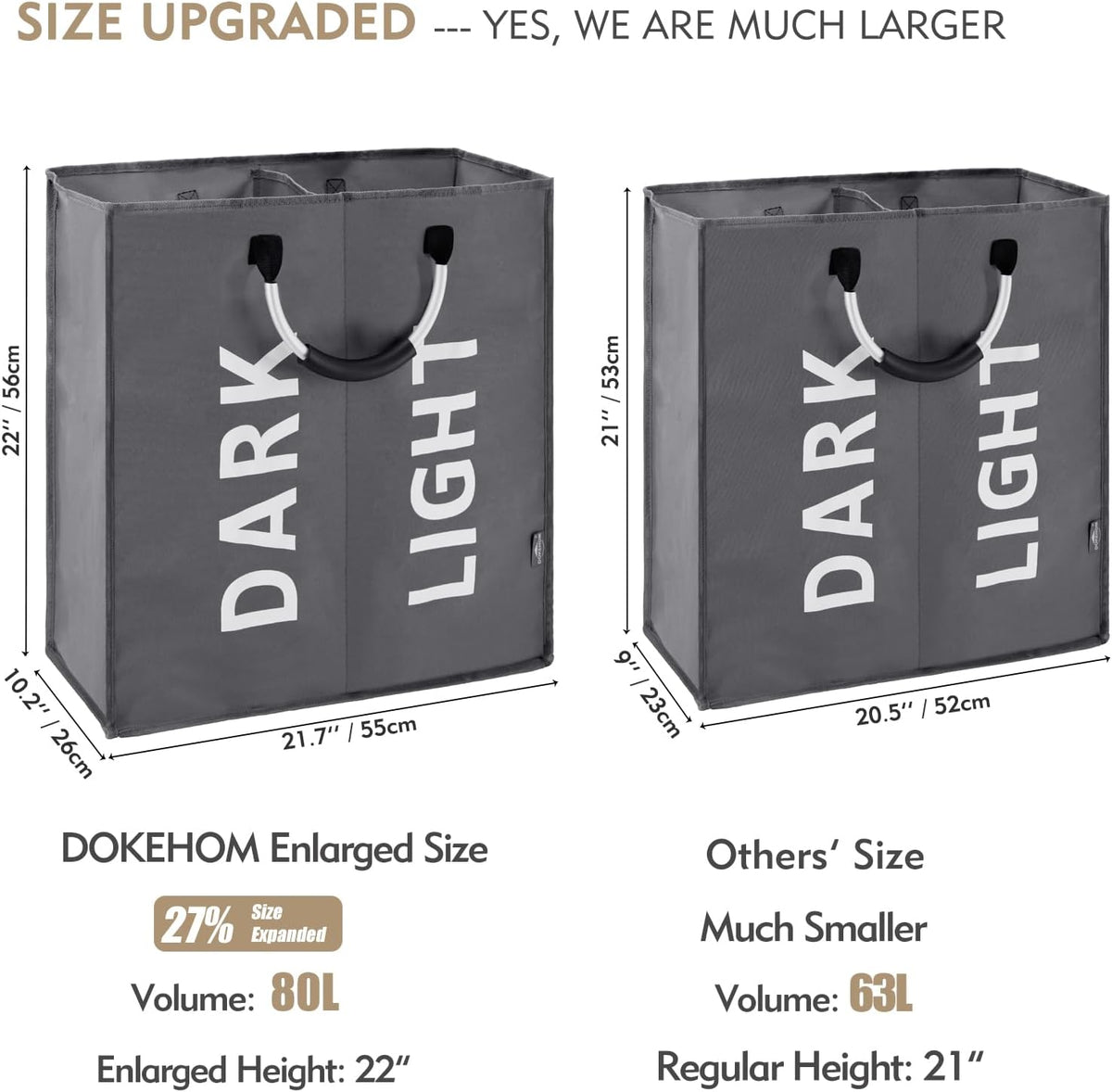 DOKEHOM 80L Collapsible Laundry Basket Bag with 2 Sections, Dark Grey
