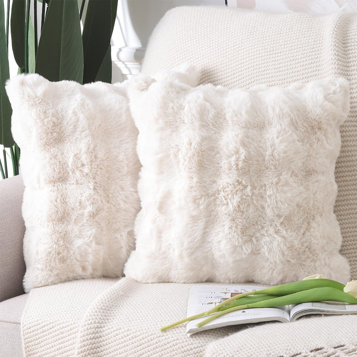 Madizz Pack of 2 Thick Plush Faux Wool Cushion Covers 45x45 cm Cream Soft Neutral Decorative Throw Pillow Covers Accent Boho Pillowcases for Couch Sofa Bedroom Pillow Shell