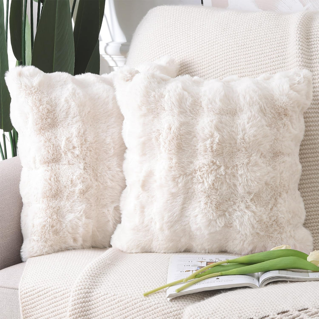 Madizz Pack of 2 Thick Plush Faux Wool Cushion Covers 45x45 cm Cream Soft Neutral Decorative Throw Pillow Covers Accent Boho Pillowcases for Couch Sofa Bedroom Pillow Shell