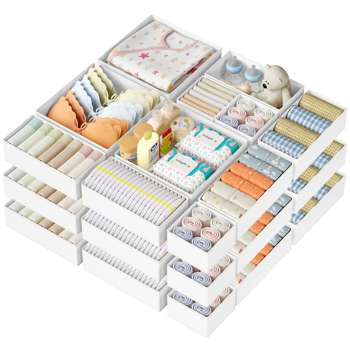 DIMJ 12 Pack Drawer Organisers Foldable Storage Box Fabric Drawer Dividers Wardrobe Storage Organiser Storage Cubes for Bras, Socks, Underwear, Ties, Scarves, Cosmetics