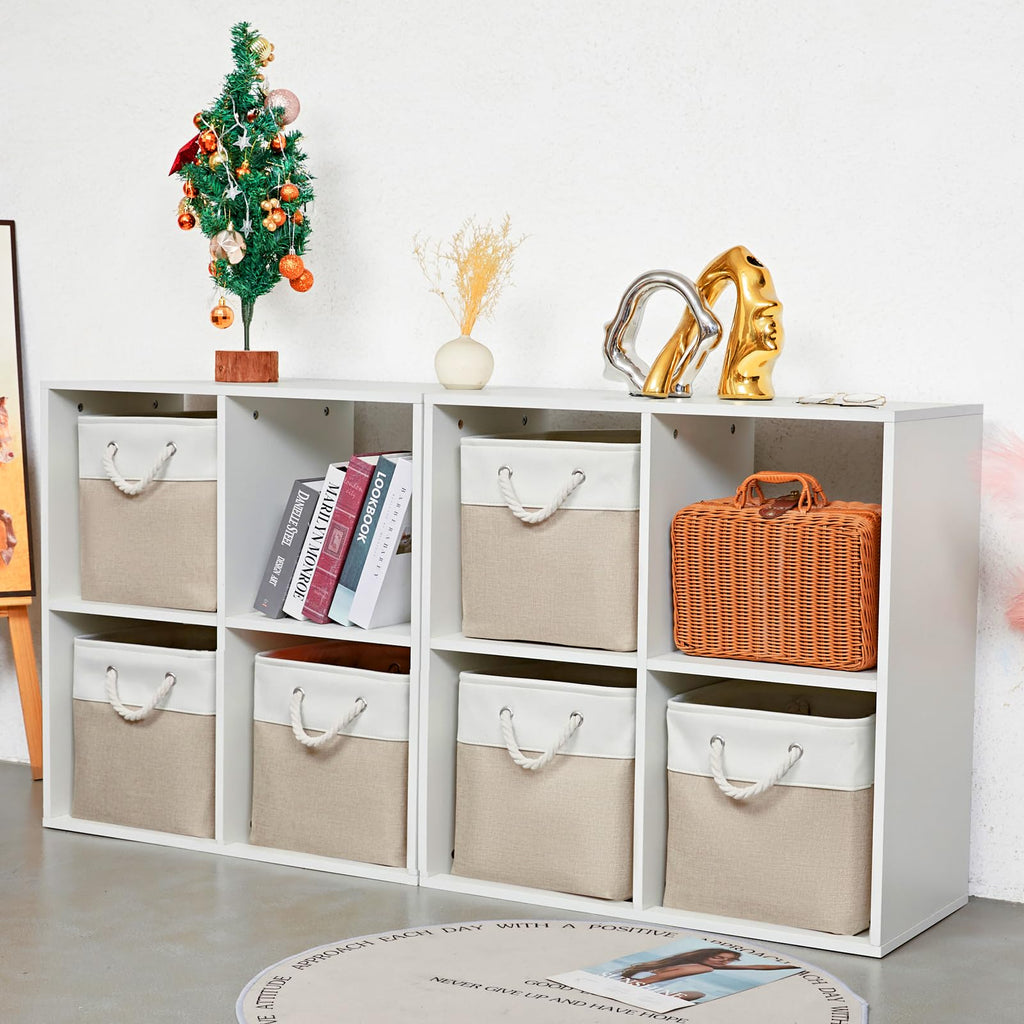 28 x 28 x 28 cm Cube Storage Boxes, 4 Pack Large Collapsible Fabric Storage Bin with Ropes, Foldable Storage Cubes for Home, Office,Closet, Clothes, Toys Organizer (White & Grey)