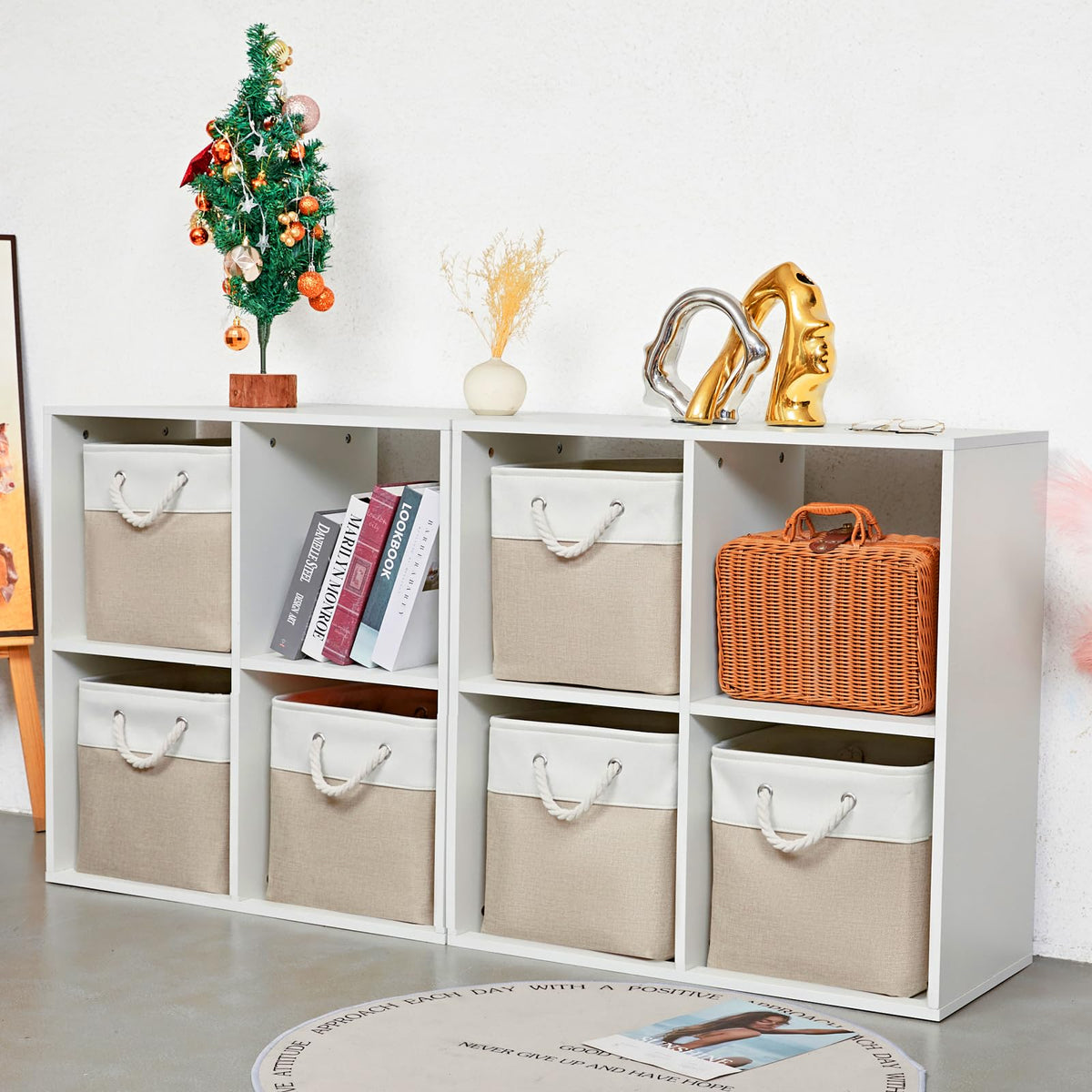 28 x 28 x 28 cm Cube Storage Boxes, 4 Pack Large Collapsible Fabric Storage Bin with Ropes, Foldable Storage Cubes for Home, Office,Closet, Clothes, Toys Organizer (White & Grey)