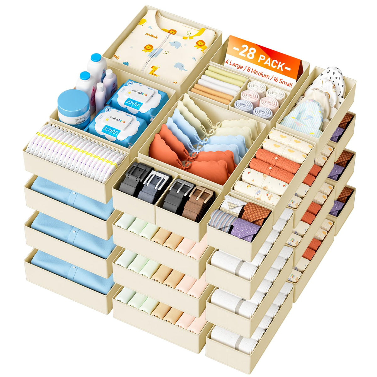 DIMJ 12 Pack Drawer Organisers Foldable Storage Box Fabric Drawer Dividers Wardrobe Storage Organiser Storage Cubes for Bras, Socks, Underwear, Ties, Scarves, Cosmetics