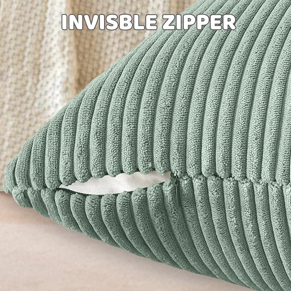 Set of 2 Corduroy Cushion Covers 40cm x 40cm,Soft Striped Square Pillow Case,Cushion Case with Invisible Zipper,Home Boho Decor Pillow Cases for Couch Sofa Bedroom,Living Room-Sage Green