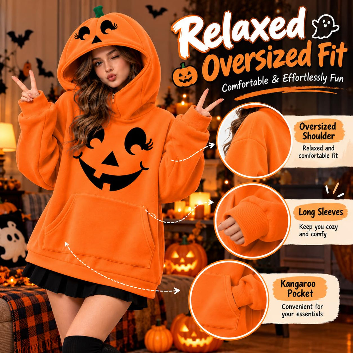 Halloween Jumper Women's Halloween Pumpkin Hoodie Long Sleeve Oversized Sweatshirt Relaxed Oversized, Comfortable, Funny, Novelty, Halloween Parties, Costume Events, Trick or Treating, Gatherings
