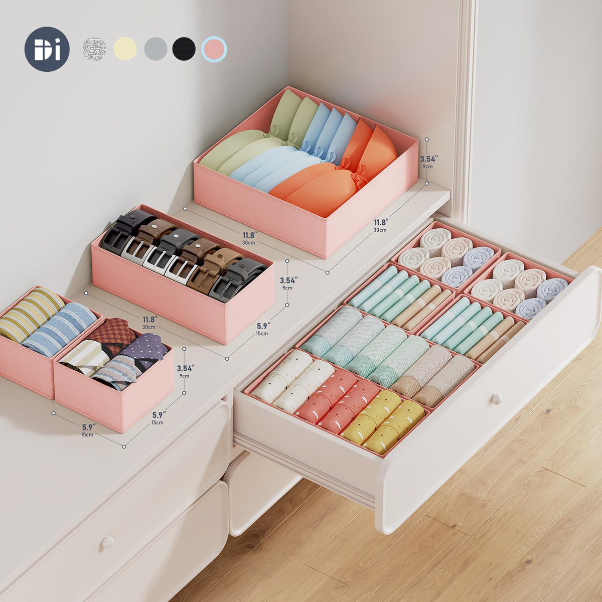 DIMJ 12 Pack Drawer Organisers Foldable Storage Box Fabric Drawer Dividers Wardrobe Storage Organiser Storage Cubes for Bras, Socks, Underwear, Ties, Scarves, Cosmetics
