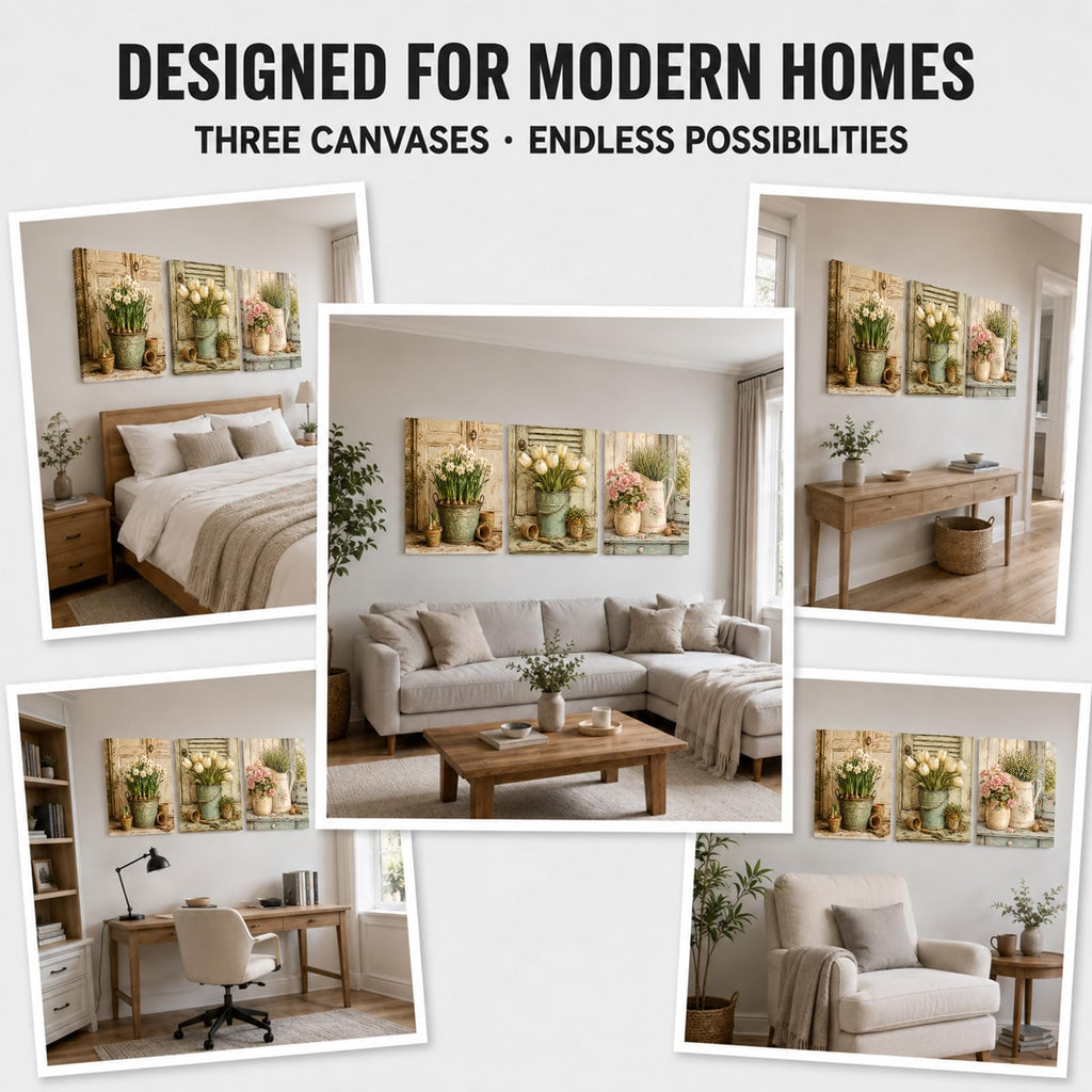 Soft Beige Floral Canvas Prints, Set of 3 Framed 12 x 16 Inch Wall Art