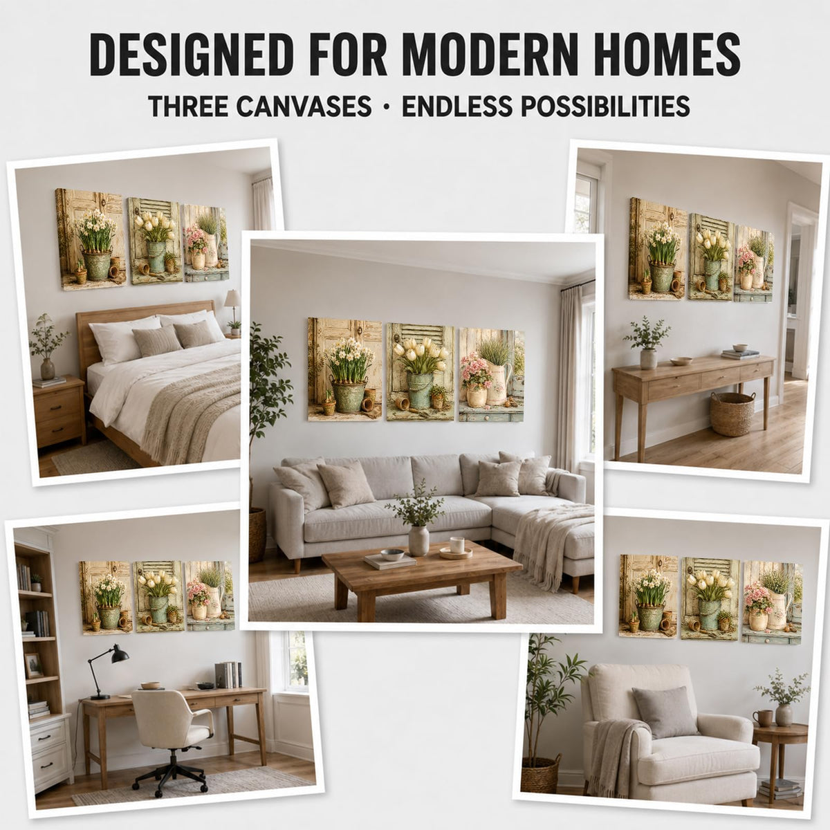 Soft Beige Floral Canvas Prints, Set of 3 Framed 12 x 16 Inch Wall Art