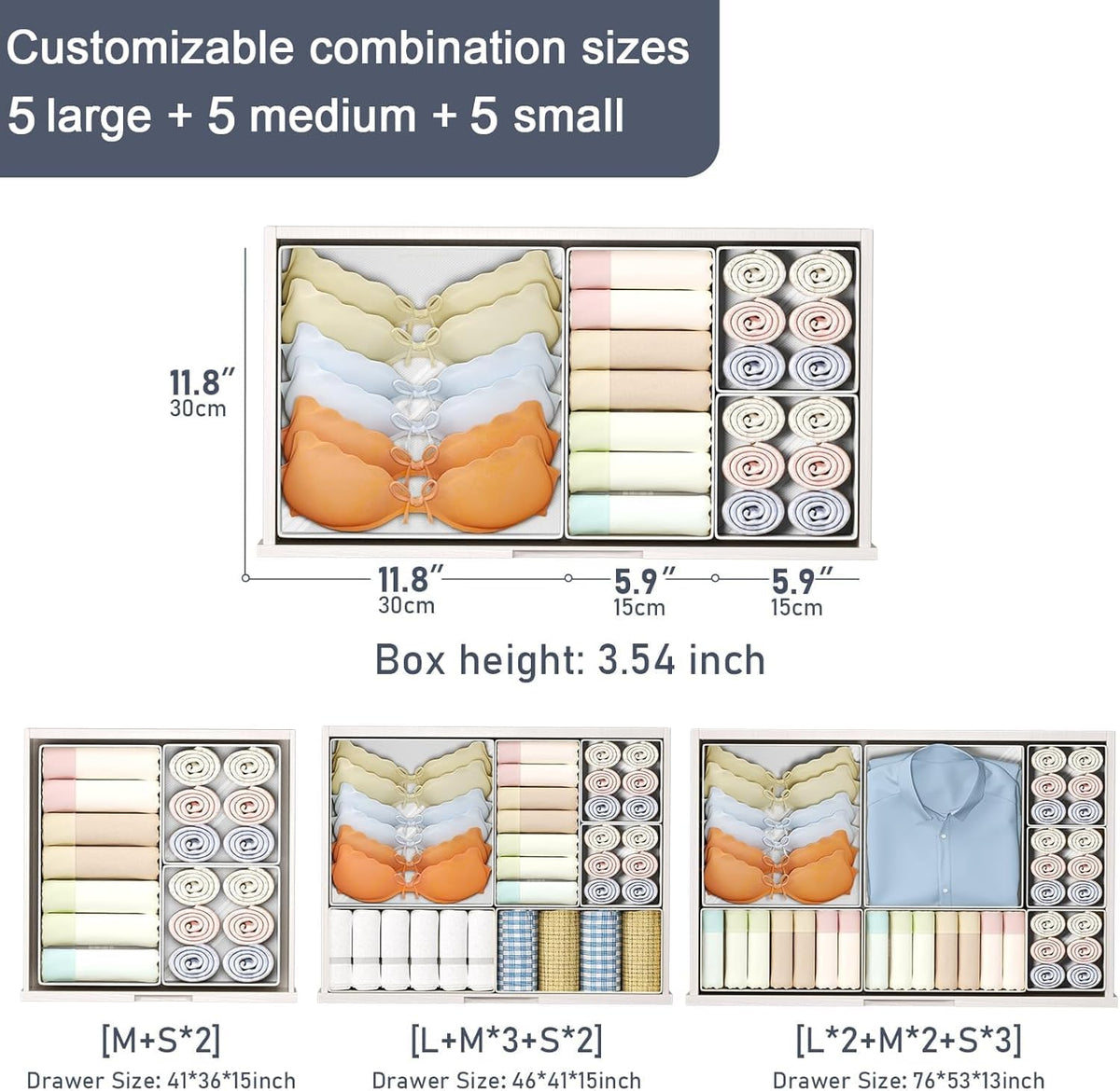 DIMJ 12 Pack Drawer Organisers Foldable Storage Box Fabric Drawer Dividers Wardrobe Storage Organiser Storage Cubes for Bras, Socks, Underwear, Ties, Scarves, Cosmetics