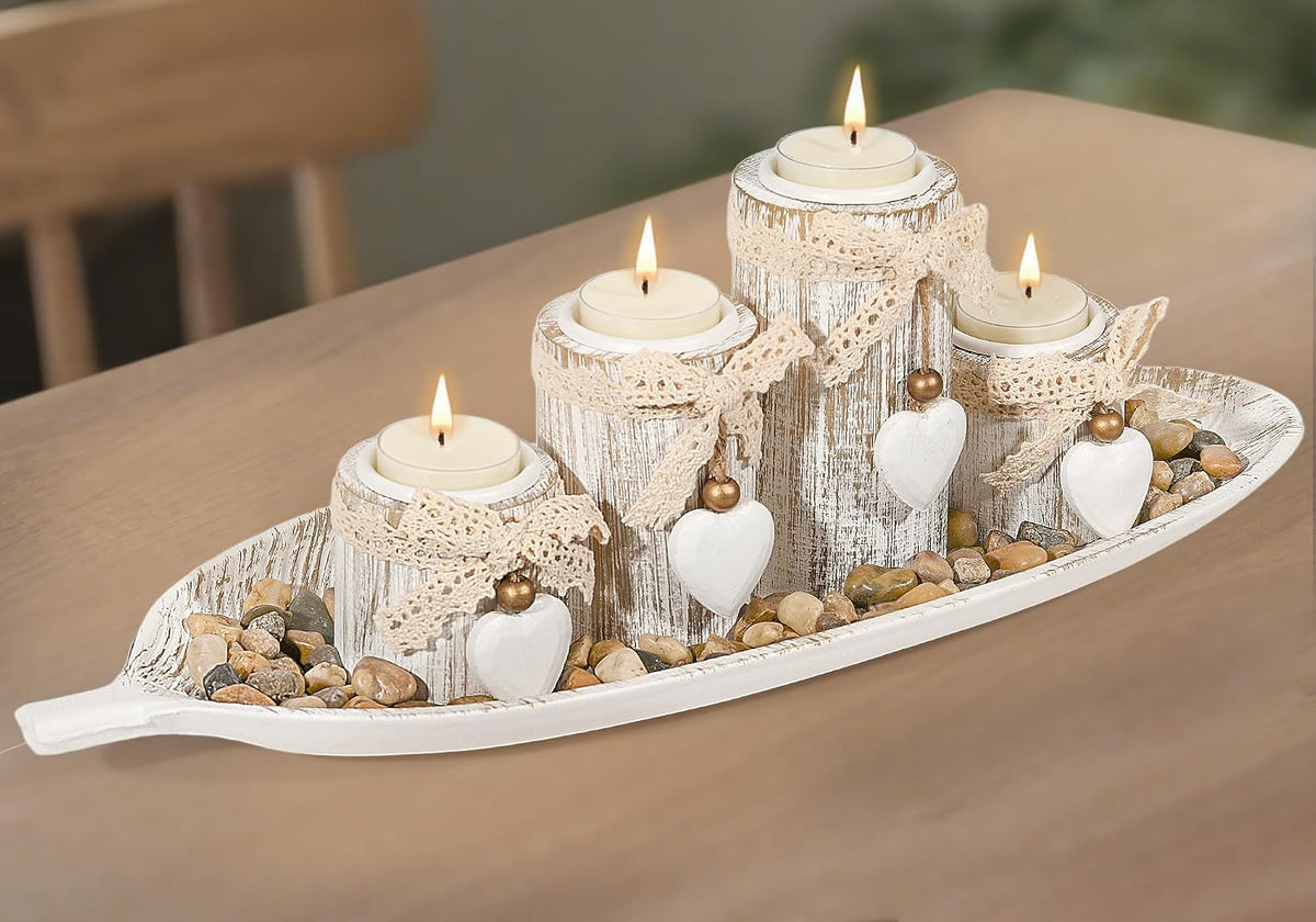 GoMaihe Candle Holder Set of 4 with Wodden Tray, Tealight Holders Candlestick Holder, Table Centerpiece Home Decor Living Room Bedroom Decoration Mum Gift Birthday Wedding Christmas Party Ornaments