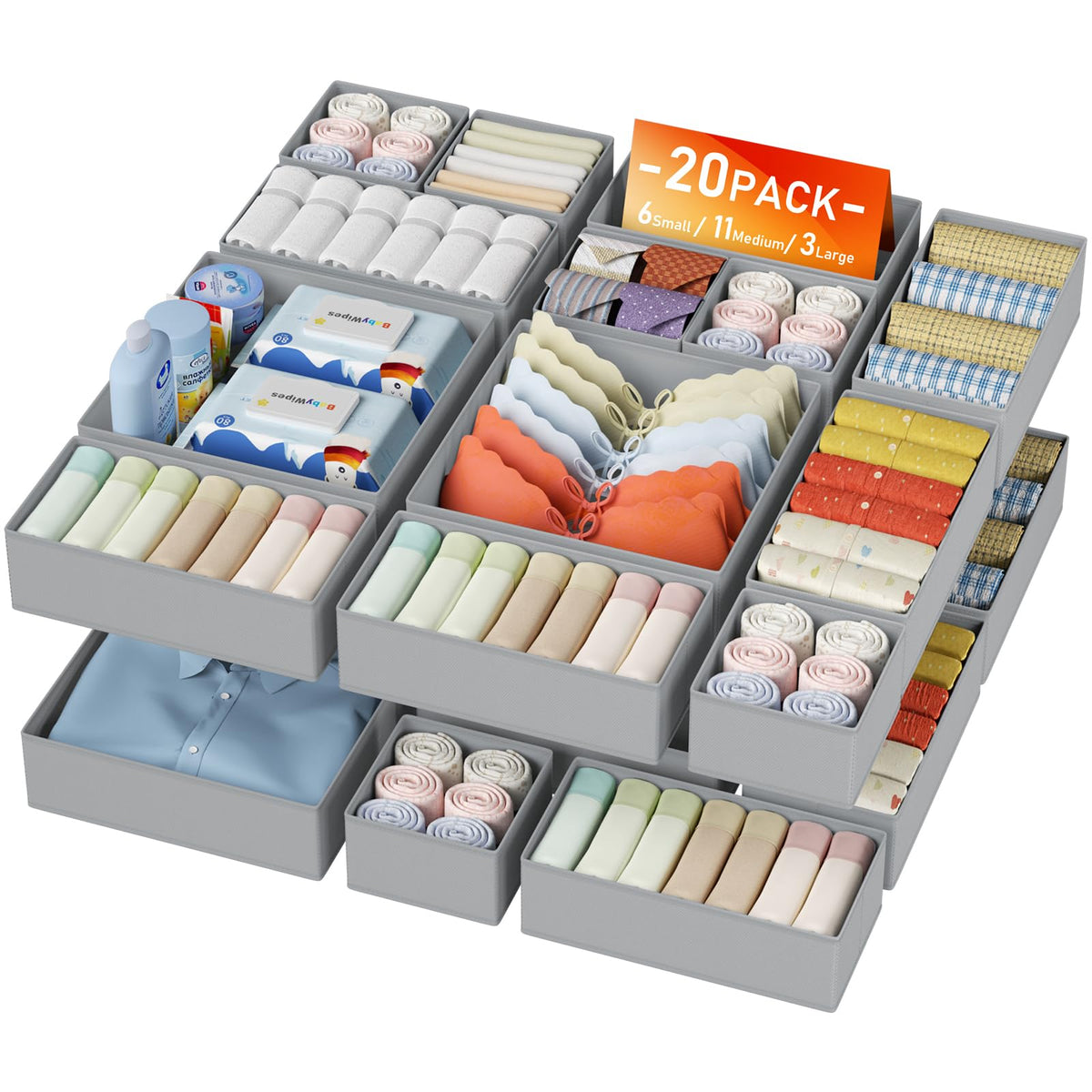 DIMJ 12 Pack Drawer Organisers Foldable Storage Box Fabric Drawer Dividers Wardrobe Storage Organiser Storage Cubes for Bras, Socks, Underwear, Ties, Scarves, Cosmetics