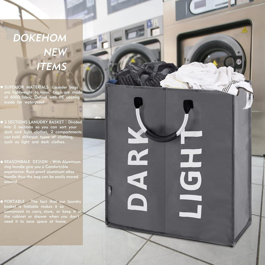 DOKEHOM 80L Collapsible Laundry Basket Bag with 2 Sections, Dark Grey