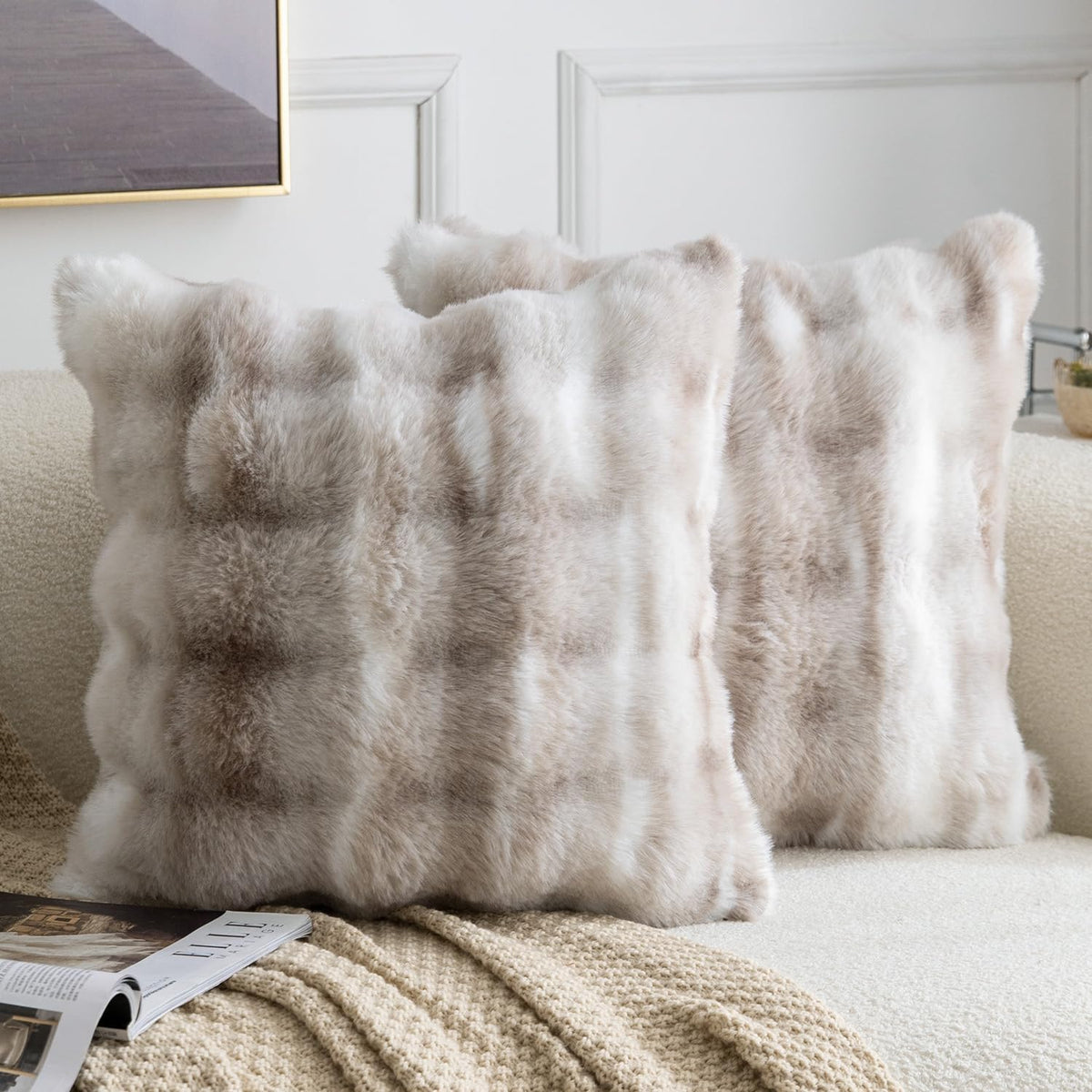 Madizz Pack of 2 Thick Plush Faux Wool Cushion Covers 45x45 cm Cream Soft Neutral Decorative Throw Pillow Covers Accent Boho Pillowcases for Couch Sofa Bedroom Pillow Shell