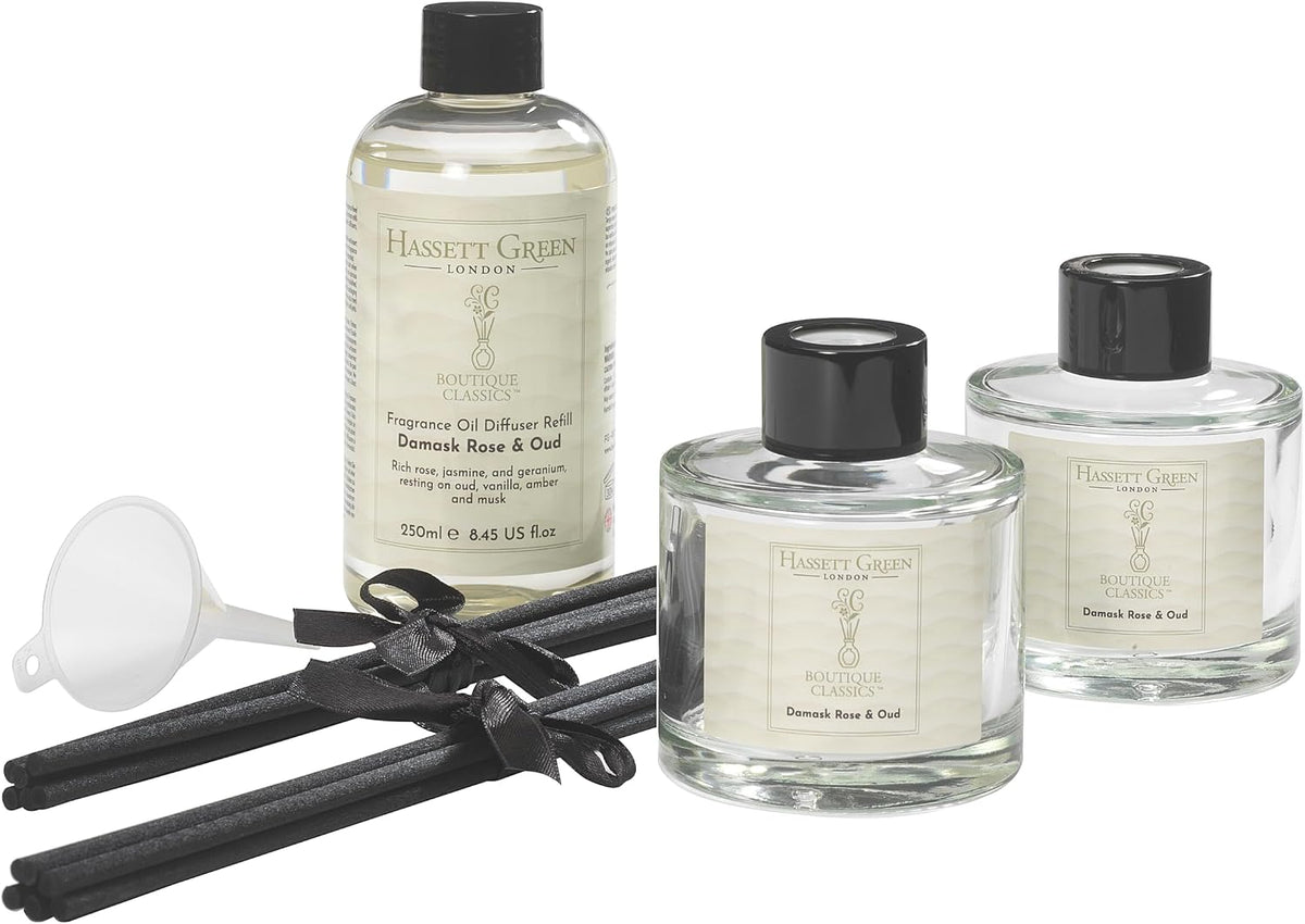 Hassett Green London Boutique Classics Damask Rose & Oud - Reed Diffuser Duo Set - 2 x 125ml - Reduced Packaging