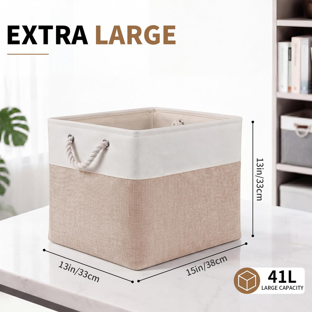 28 x 28 x 28 cm Cube Storage Boxes, 4 Pack Large Collapsible Fabric Storage Bin with Ropes, Foldable Storage Cubes for Home, Office,Closet, Clothes, Toys Organizer (White & Grey)