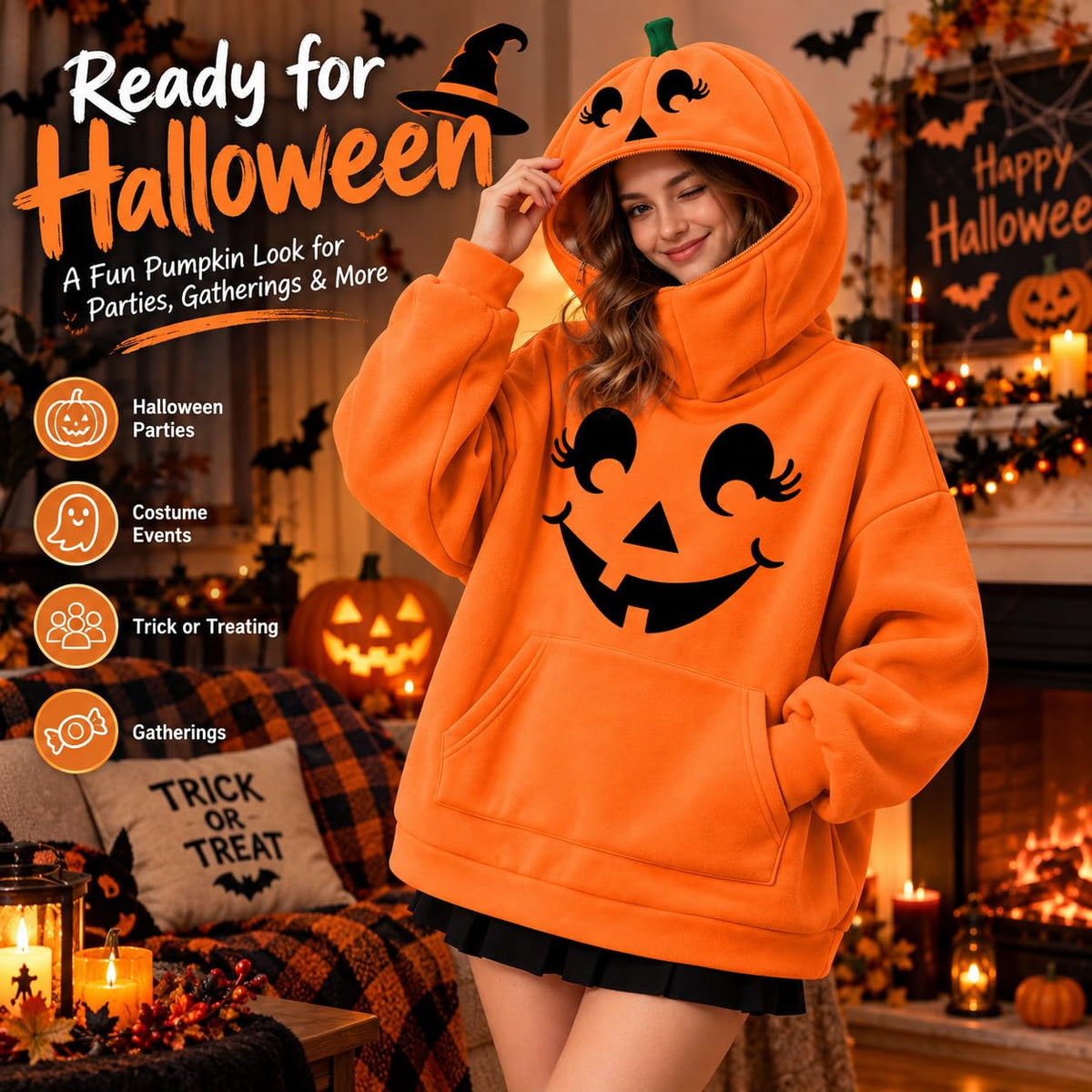Halloween Jumper Women's Halloween Pumpkin Hoodie Long Sleeve Oversized Sweatshirt Relaxed Oversized, Comfortable, Funny, Novelty, Halloween Parties, Costume Events, Trick or Treating, Gatherings