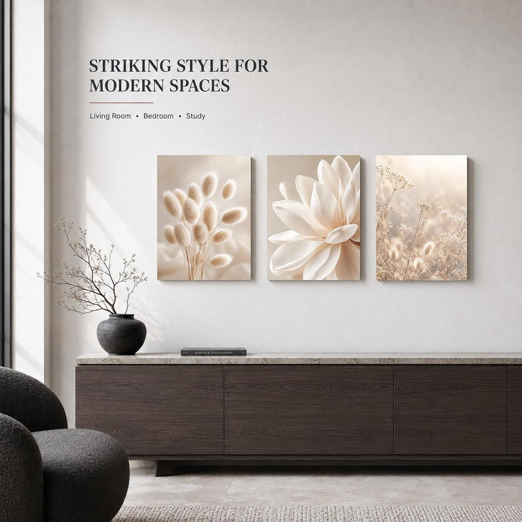 Soft Beige Floral Canvas Prints, Set of 3 Framed 12 x 16 Inch Wall Art
