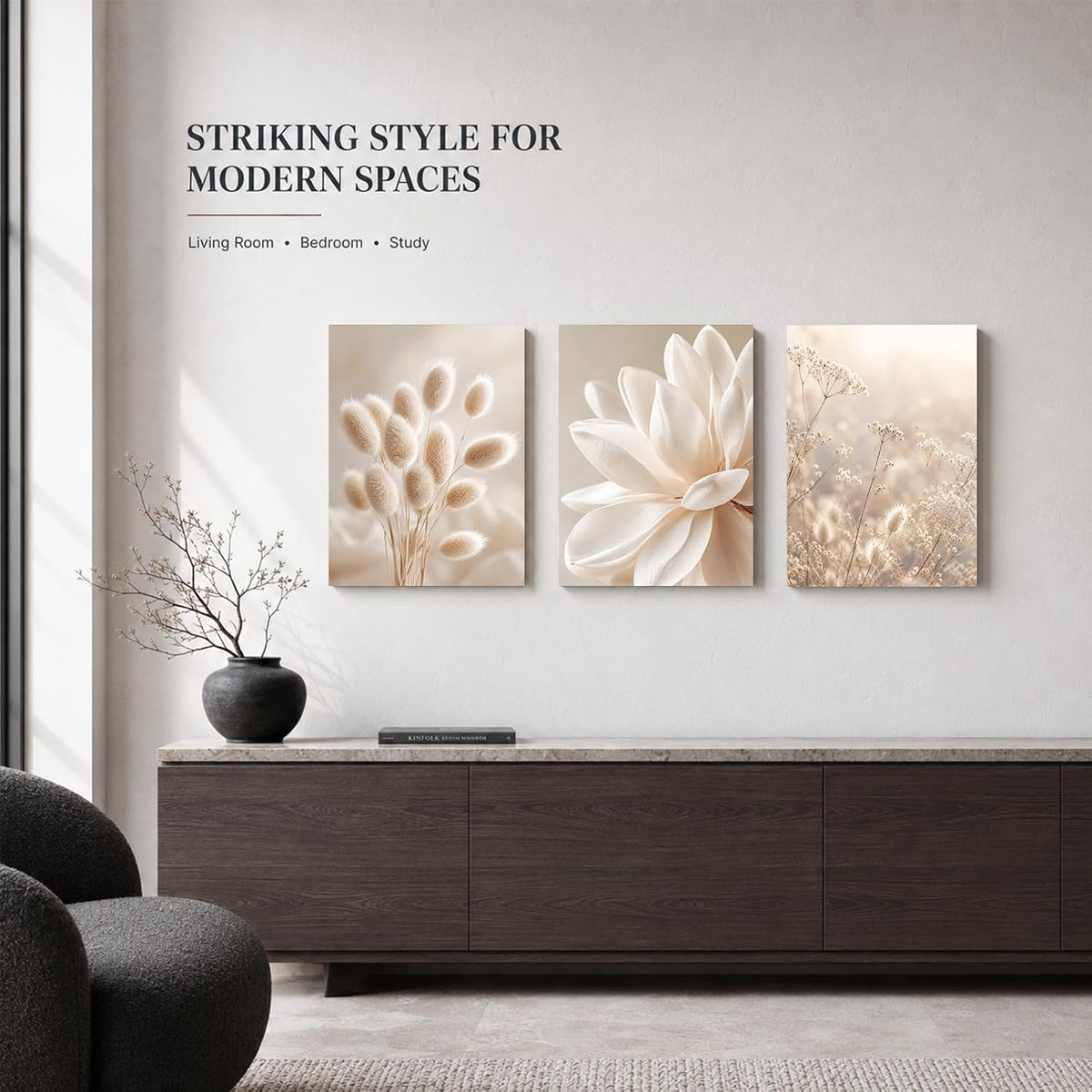 Soft Beige Floral Canvas Prints, Set of 3 Framed 12 x 16 Inch Wall Art