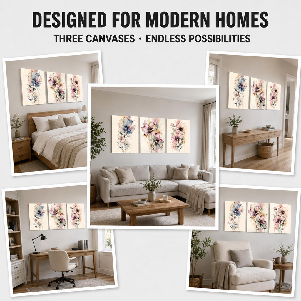 Soft Beige Floral Canvas Prints, Set of 3 Framed 12 x 16 Inch Wall Art