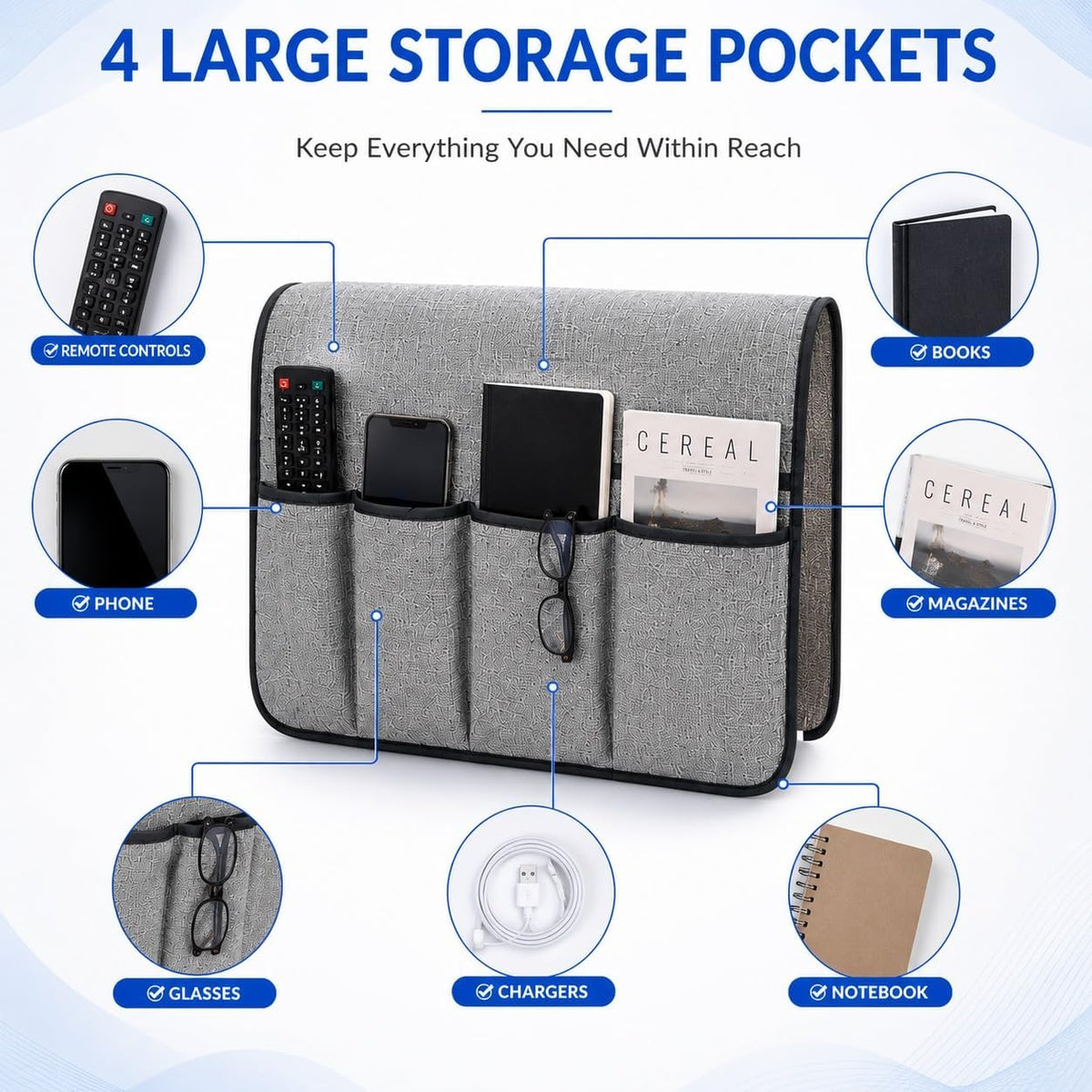 plastific Foldable Sofa Armrest Organiser with Multiple Storage Pockets