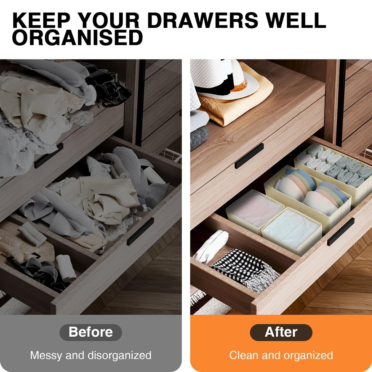 DIMJ 12 Pack Drawer Organisers Foldable Storage Box Fabric Drawer Dividers Wardrobe Storage Organiser Storage Cubes for Bras, Socks, Underwear, Ties, Scarves, Cosmetics